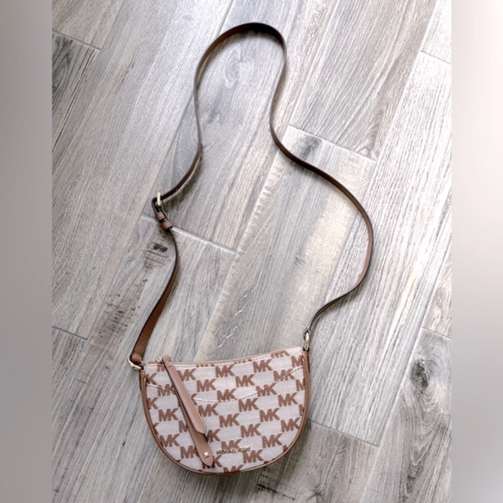 Michael Kors Dover Small Half Moon Signature Leather/Canvas Crossbody - Picture 7 of 8